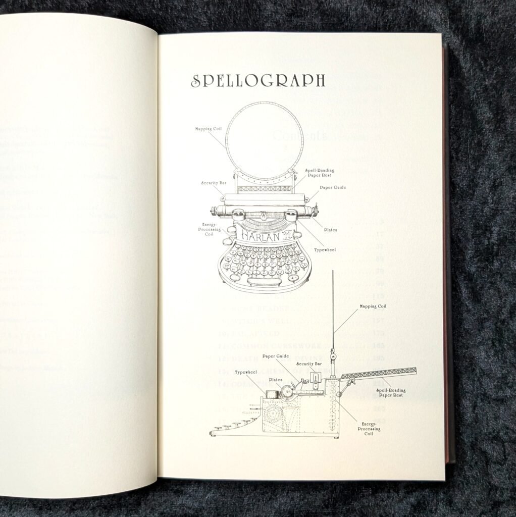 Illustration of a spellograph, a magical device similar to a typewriter 